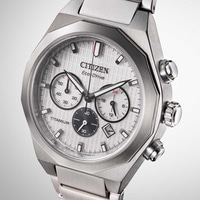 Citizen watch with titanium case, Eco-Drive, chronograph, silver dial, and date display.