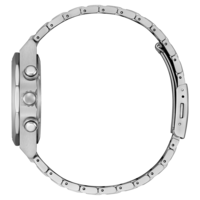 Silver watch with a metal strap, side view, buttons visible, elegant design.