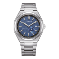 Citizen watch with blue face and titanium strap, automatic movement